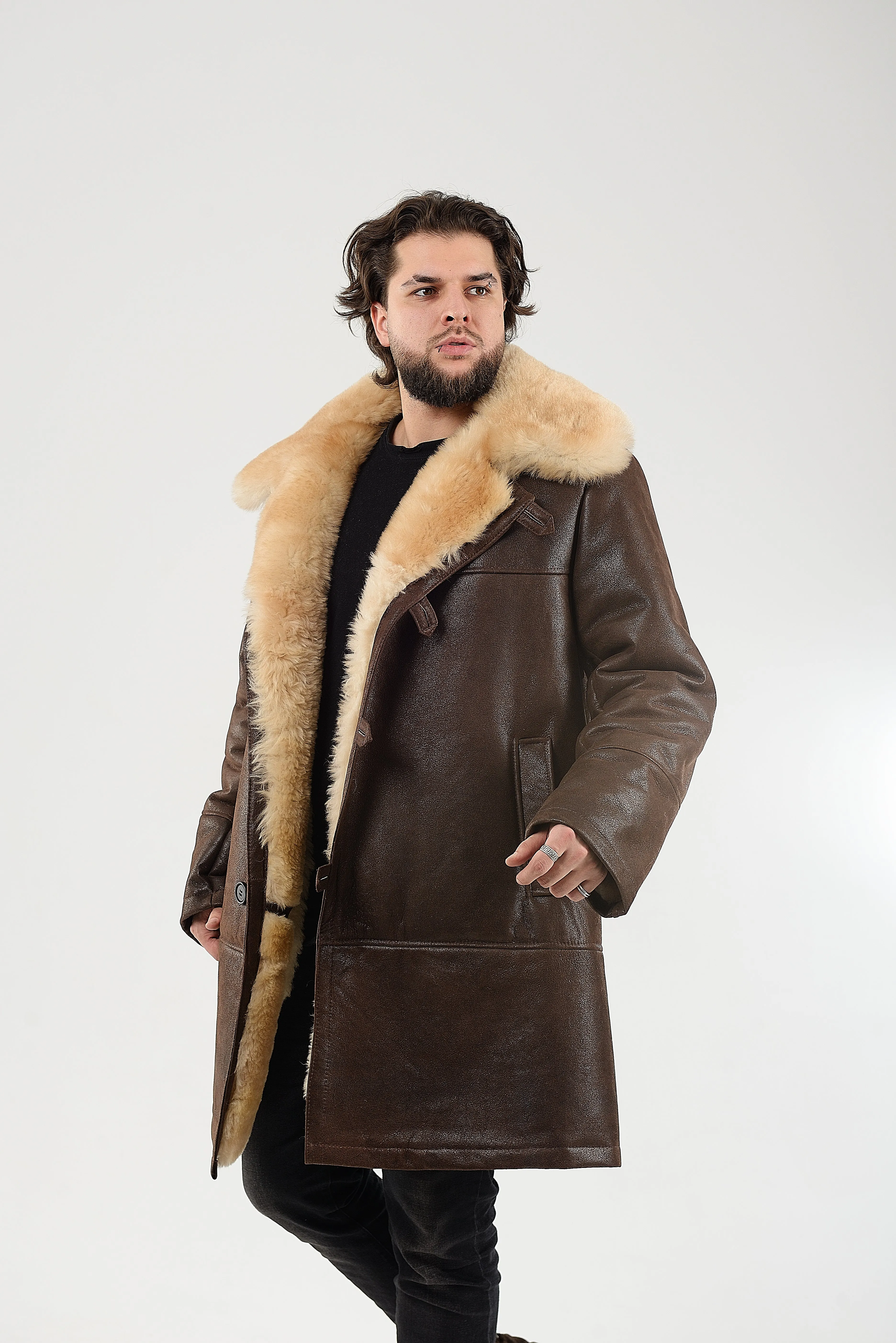 Mens Long Shearling Sheepskin Coat in Brown Color with Wide Fur Collar