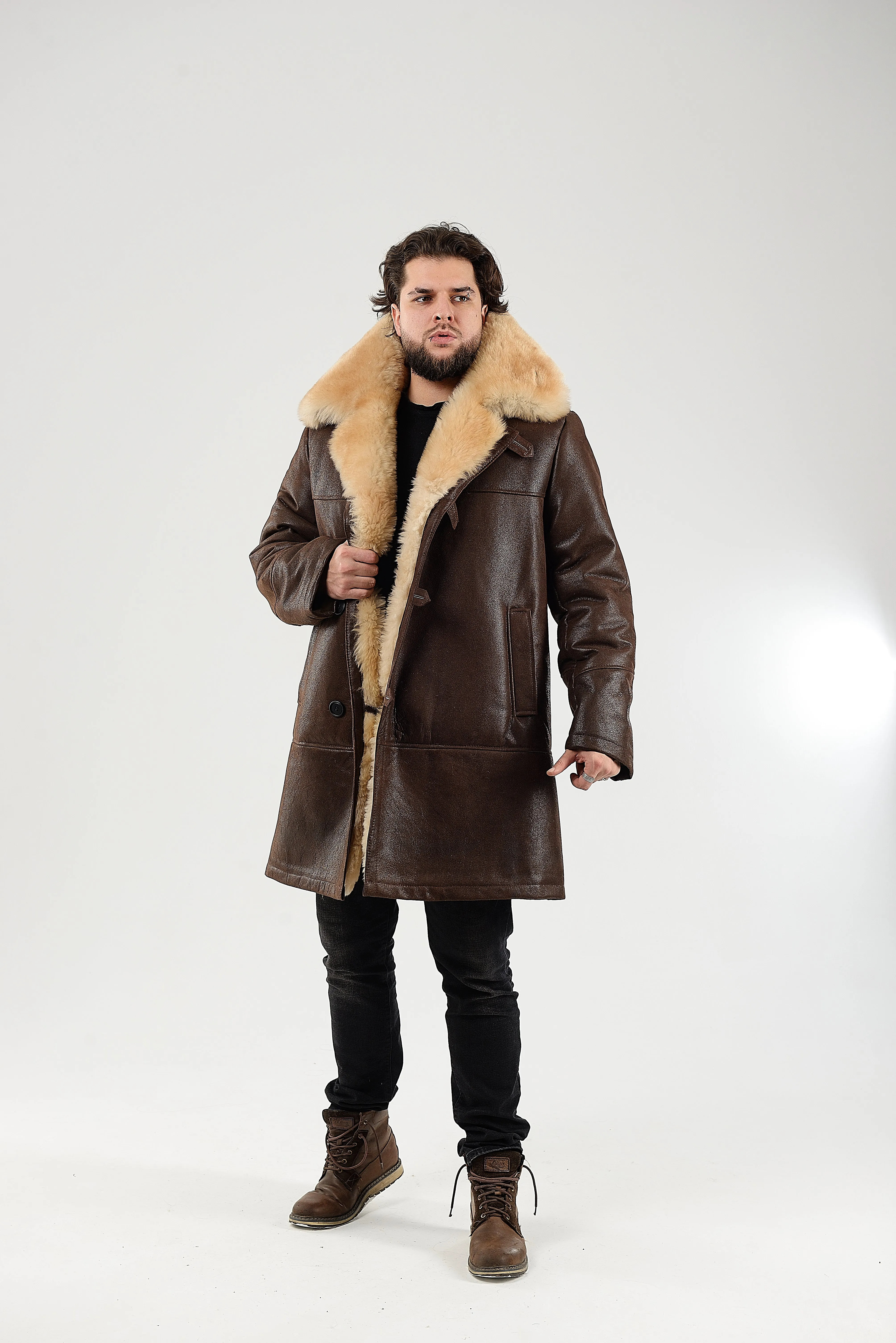 Mens Long Shearling Sheepskin Coat in Brown Color with Wide Fur Collar