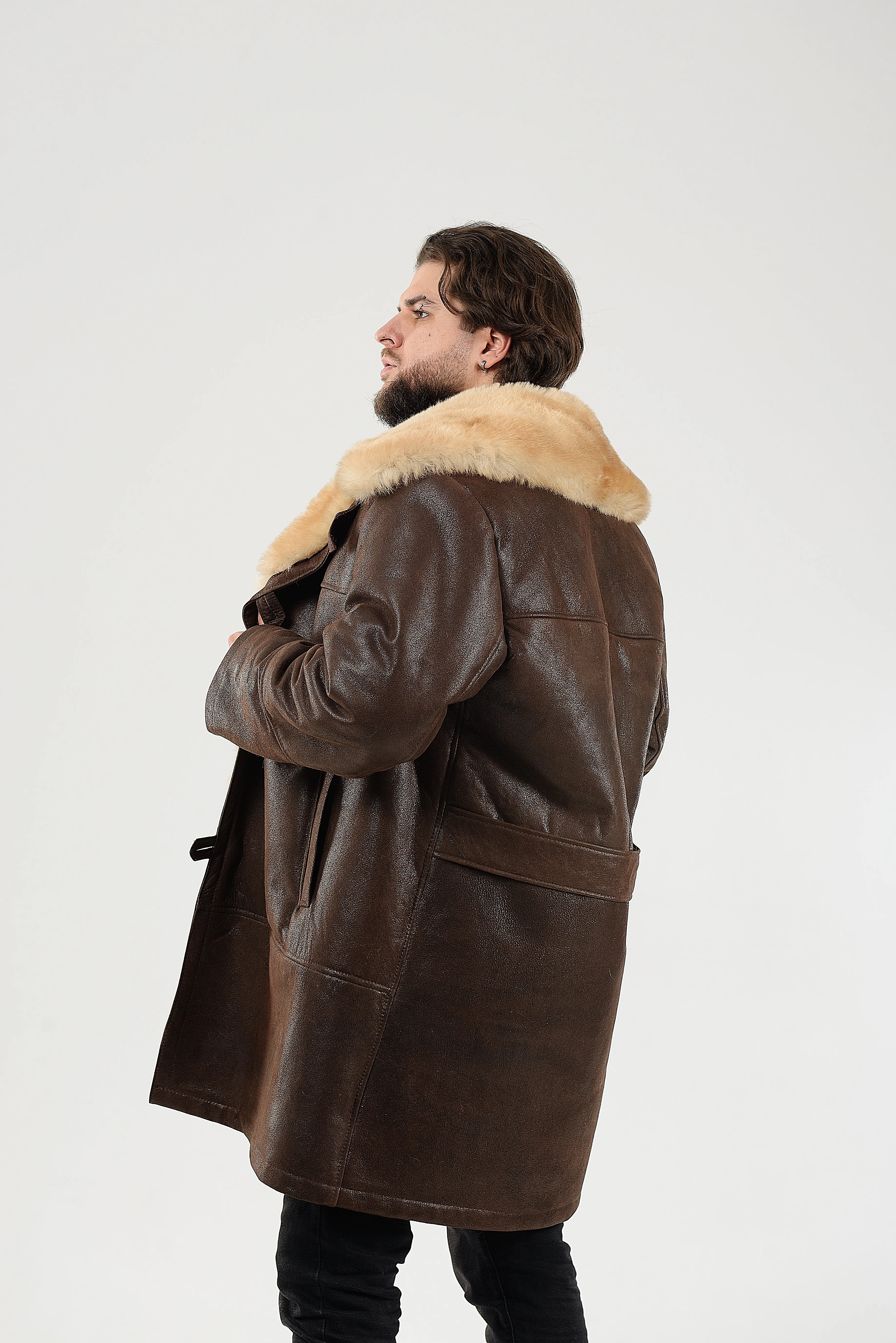 Mens Long Shearling Sheepskin Coat in Brown Color with Wide Fur Collar