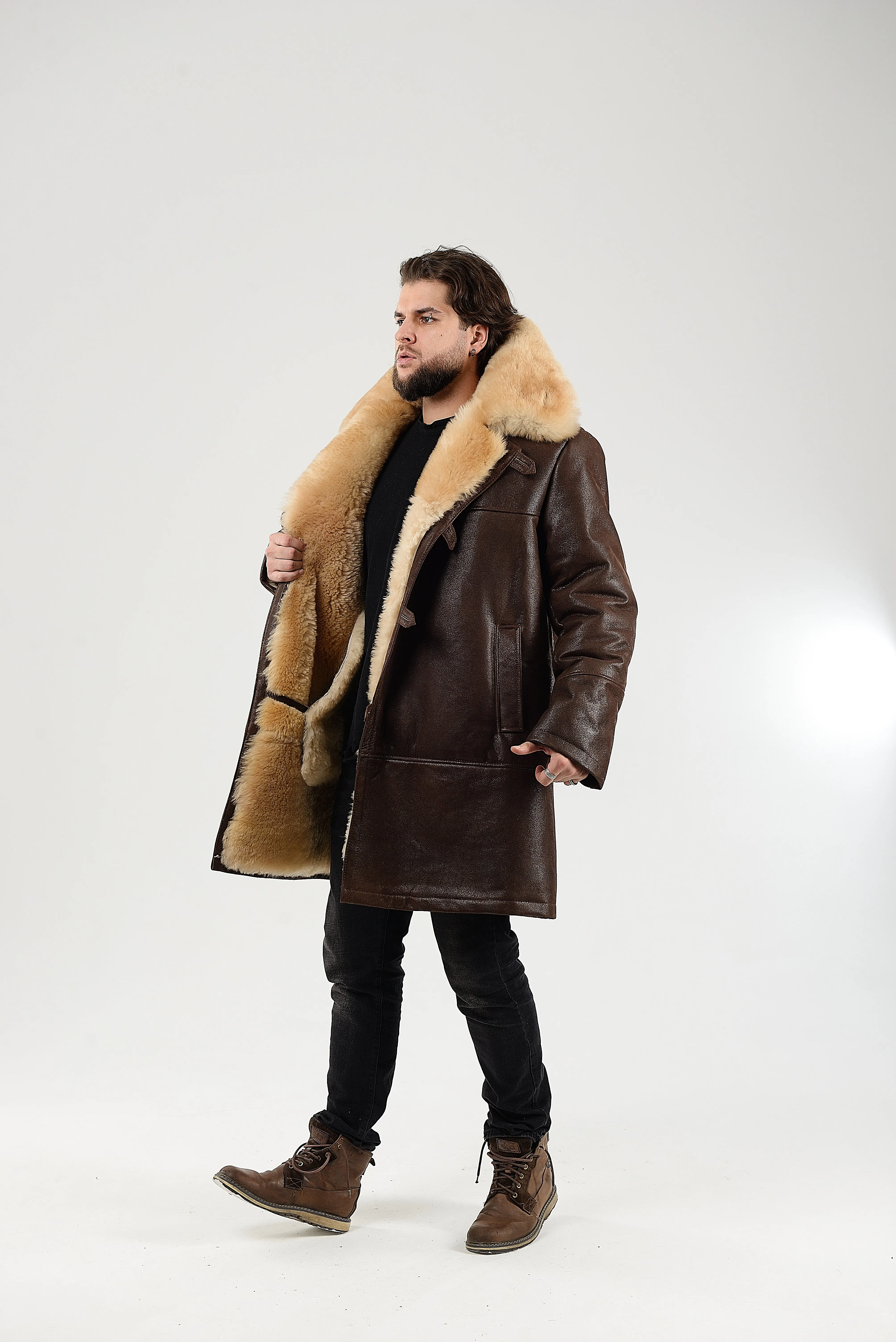 Mens Long Shearling Sheepskin Coat in Brown Color with Wide Fur Collar