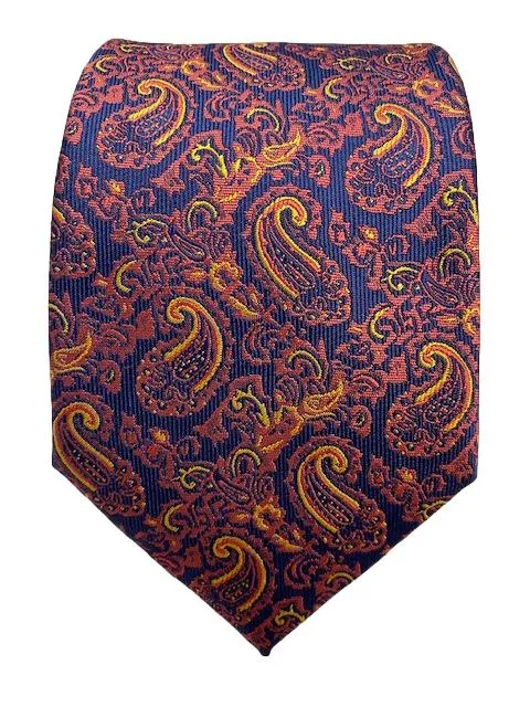 Men's Navy Tie with Burnt Red and Orange Paisley Design