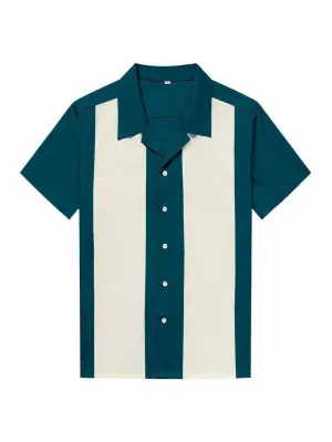 Mens Vintage Style Bowling Dress Shirt - TEAL/IVORY