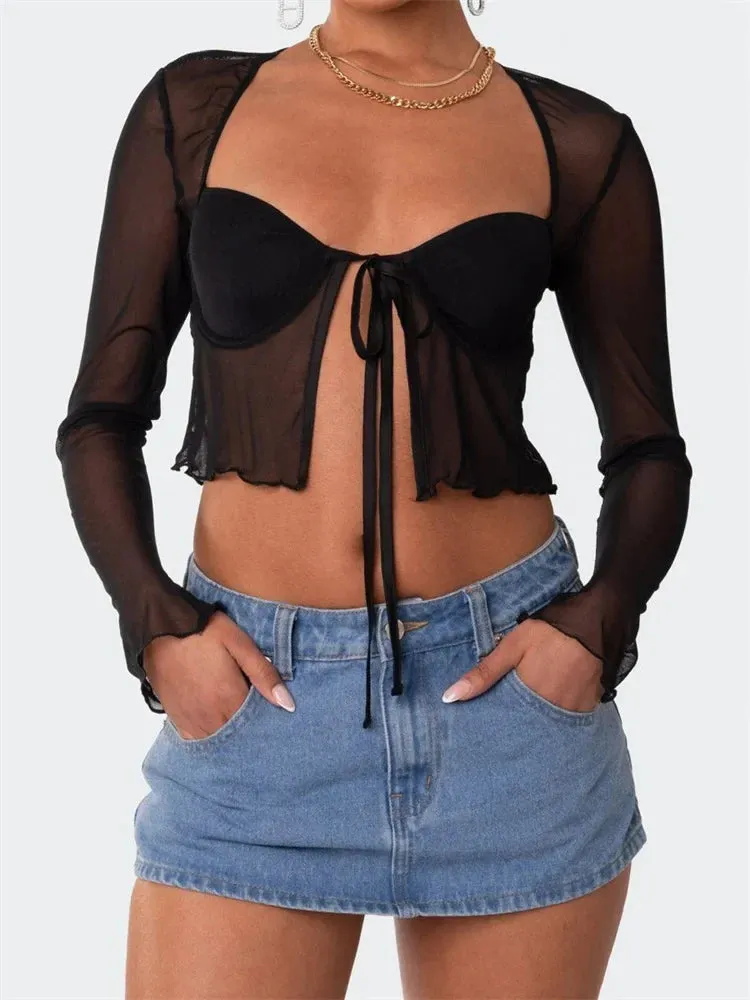 Mesh Sheer Long Sleeve Tie-up Crop Top