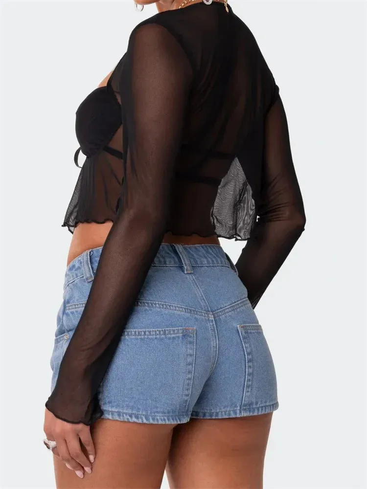 Mesh Sheer Long Sleeve Tie-up Crop Top