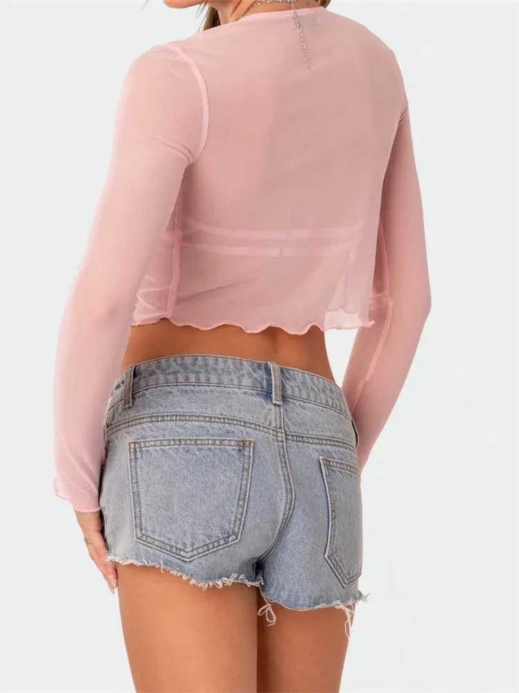 Mesh Sheer Long Sleeve Tie-up Crop Top