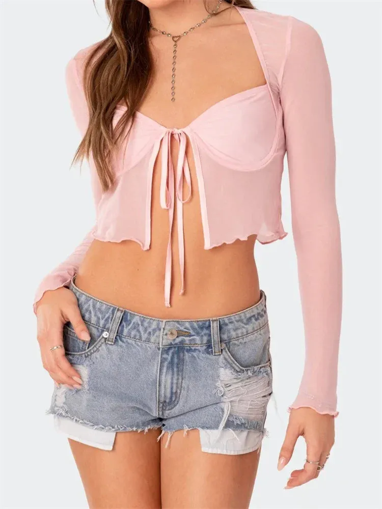 Mesh Sheer Long Sleeve Tie-up Crop Top