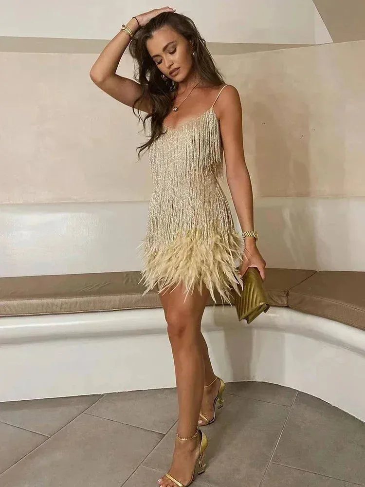 Mini Summer Tassel Elegant Party Feather Straps Spaghetti Sequins Sexy Dress