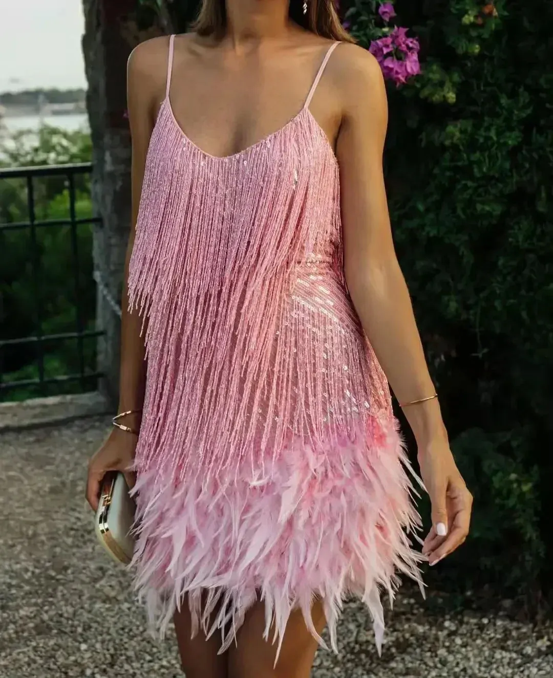 Mini Summer Tassel Elegant Party Feather Straps Spaghetti Sequins Sexy Dress