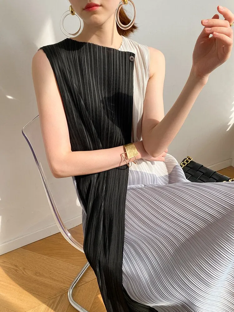 Miyake Pleated Color Block Irregular Midi Dress