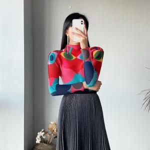 Miyake Pleated Geometric Print Turtleneck Top