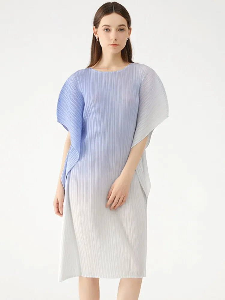 Miyake Pleated Gradient Batwing Sleeve Dress