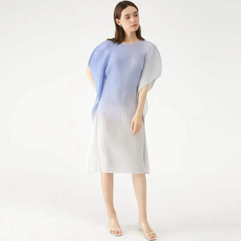 Miyake Pleated Gradient Batwing Sleeve Dress