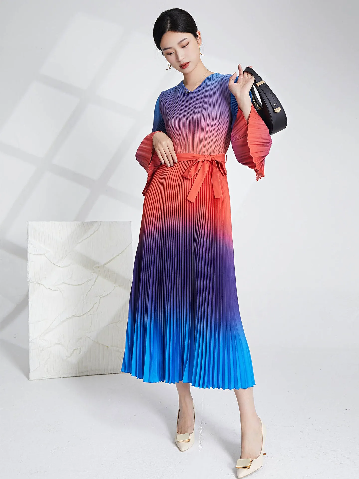 Miyake Pleated Gradient V-Neck Midi Dress