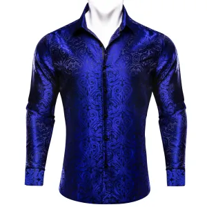 Navy Blue Paisley Silk Men's Casual Business Long Sleeve Shirt