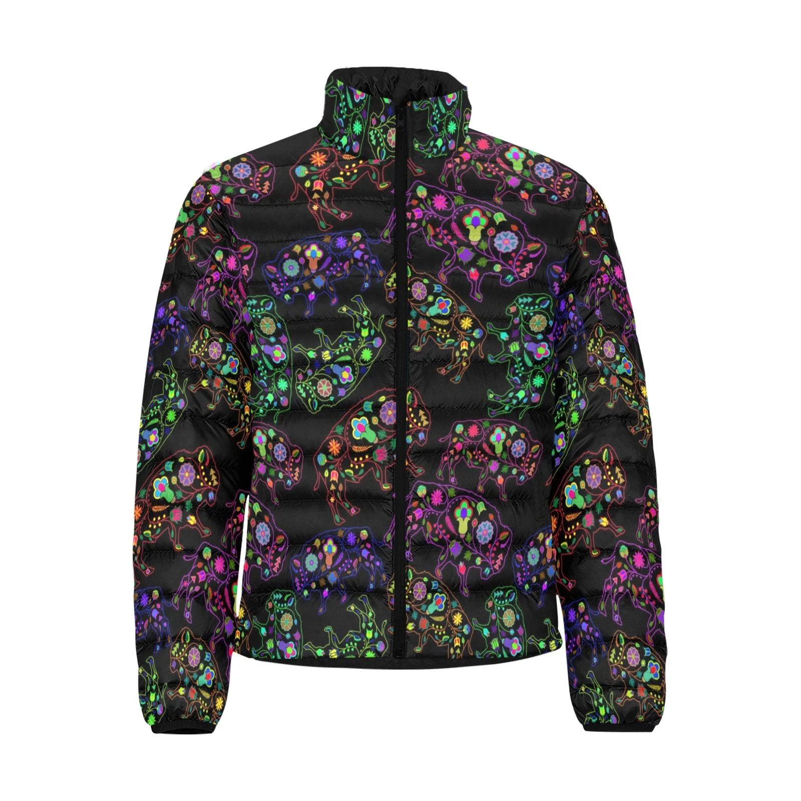 Neon Floral Buffalos Men's Stand Collar Padded Jacket