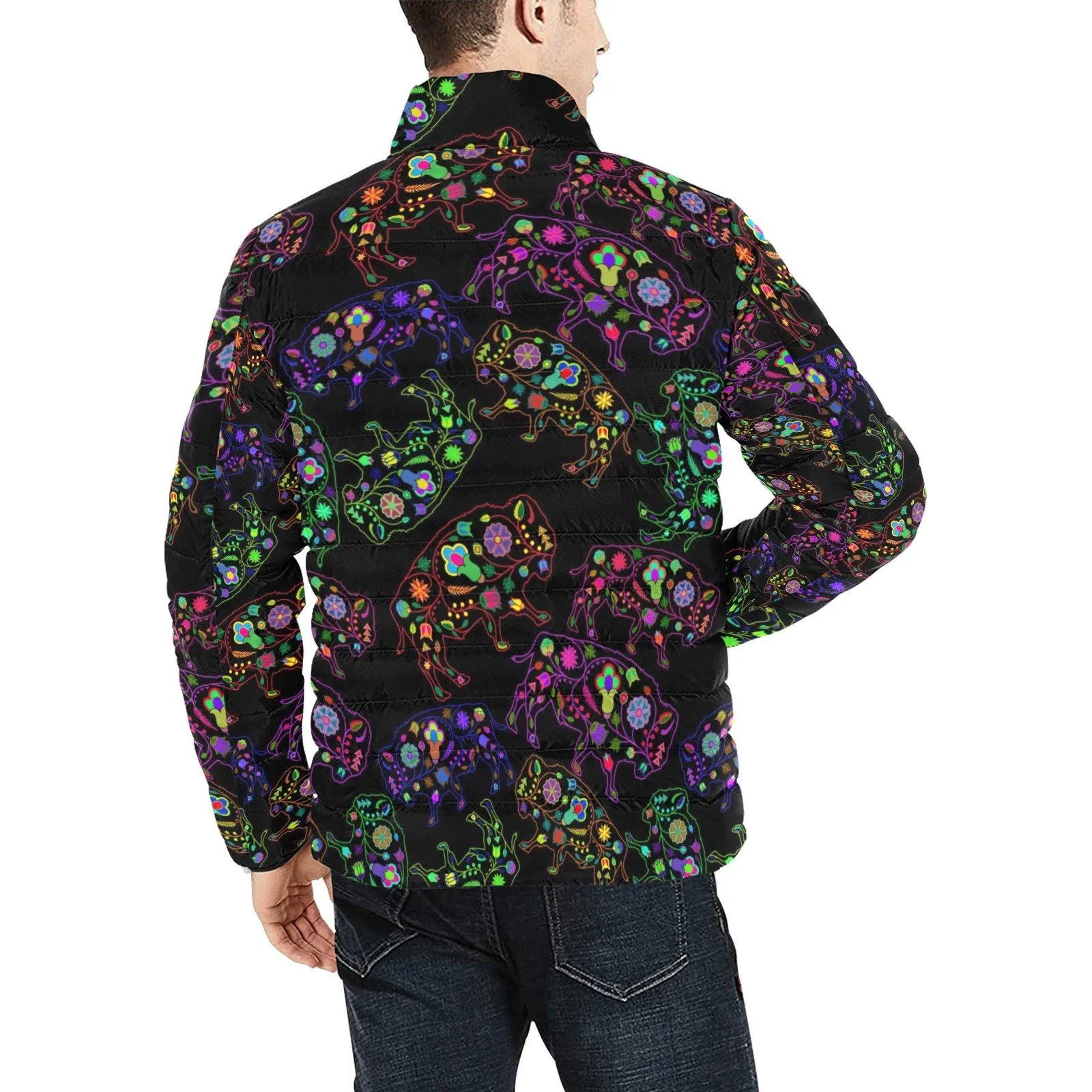 Neon Floral Buffalos Men's Stand Collar Padded Jacket