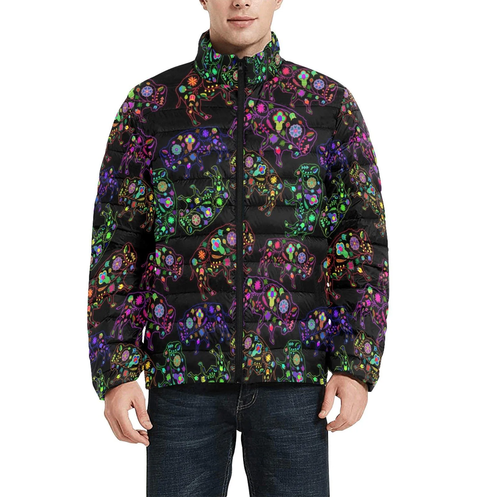 Neon Floral Buffalos Men's Stand Collar Padded Jacket