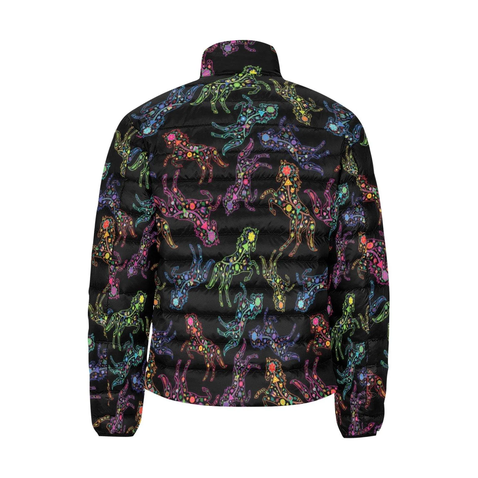 Neon Floral Horses Men's Stand Collar Padded Jacket