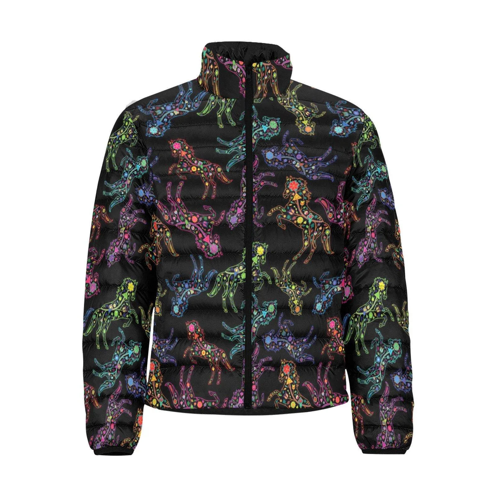 Neon Floral Horses Men's Stand Collar Padded Jacket