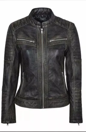 NEW WOMEN'S BLACK RUB OFF BIKER STYLE REAL LAMBSKIN LEATHER JACKET