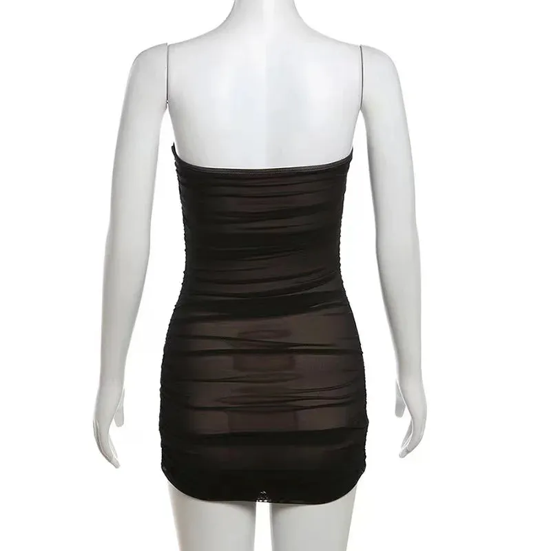 Night Black Vacation Mesh Ruched Club 2024 Beach Summer Strapless Sexy Dress