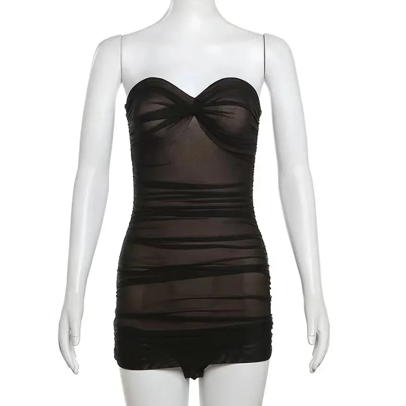 Night Black Vacation Mesh Ruched Club 2024 Beach Summer Strapless Sexy Dress