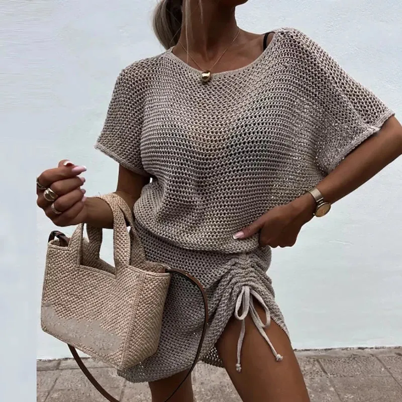 O-neck Short Sleeve Shirt Tops Drawstring Skirts Elegant Hollow Knit Beachwear Holiday Fish Mesh Summer Set