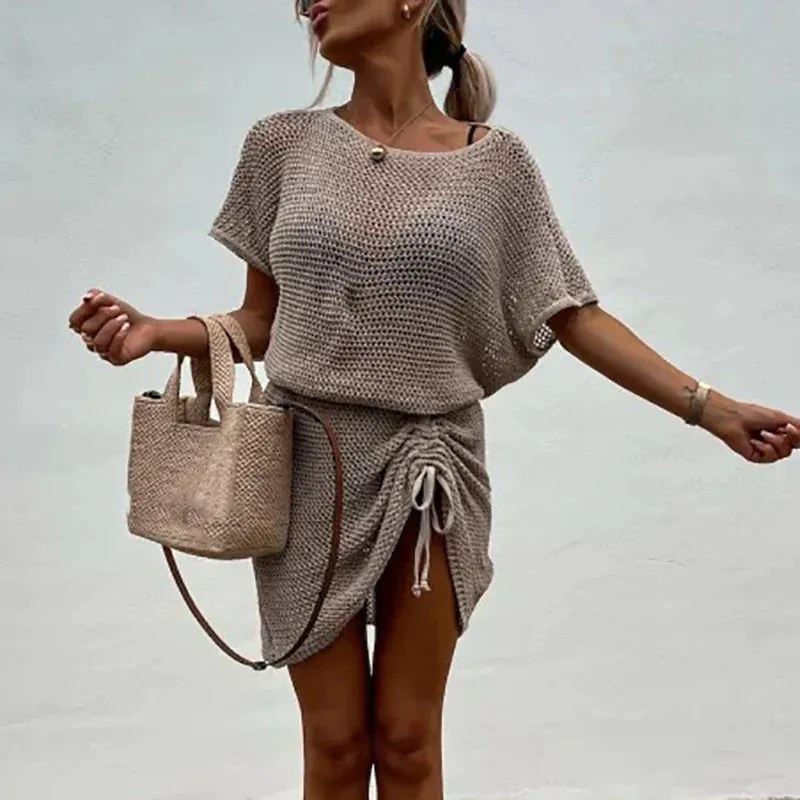 O-neck Short Sleeve Shirt Tops Drawstring Skirts Elegant Hollow Knit Beachwear Holiday Fish Mesh Summer Set