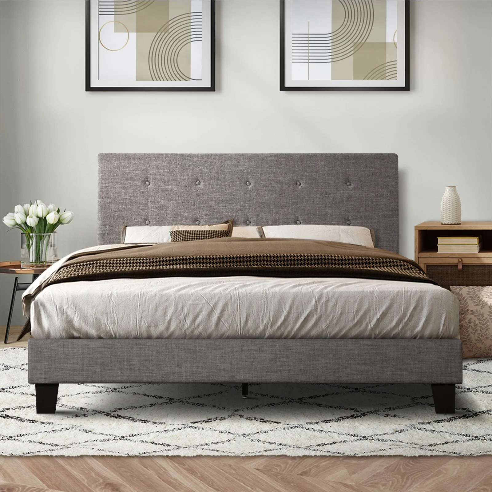 Oikiture Bed Frame Double Size Bed Platform Wooden Fabric Grey