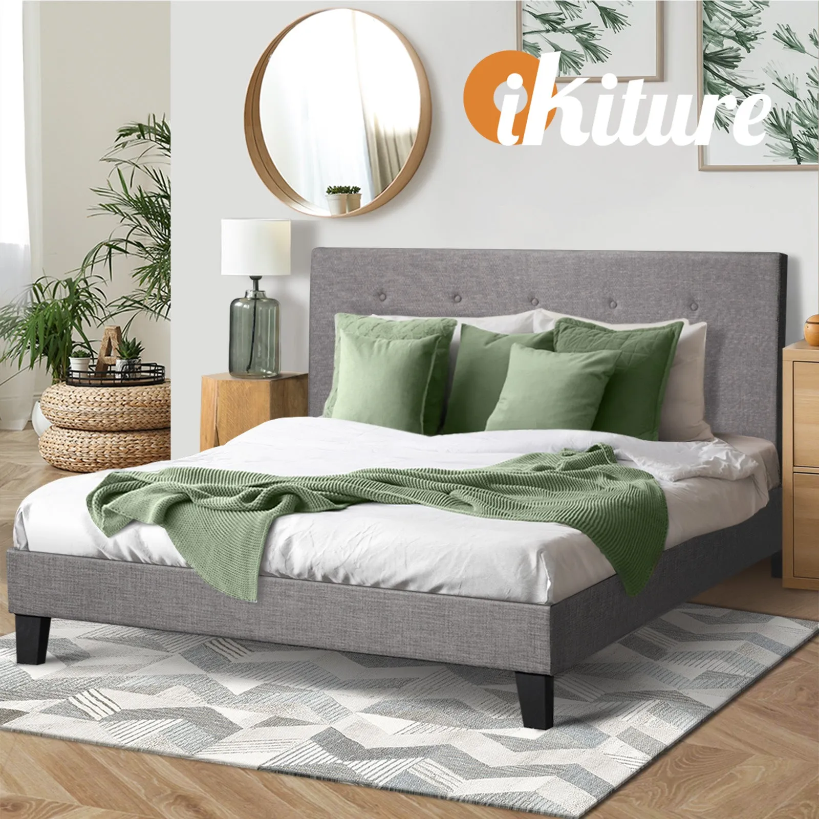 Oikiture Bed Frame Double Size Bed Platform Wooden Fabric Grey