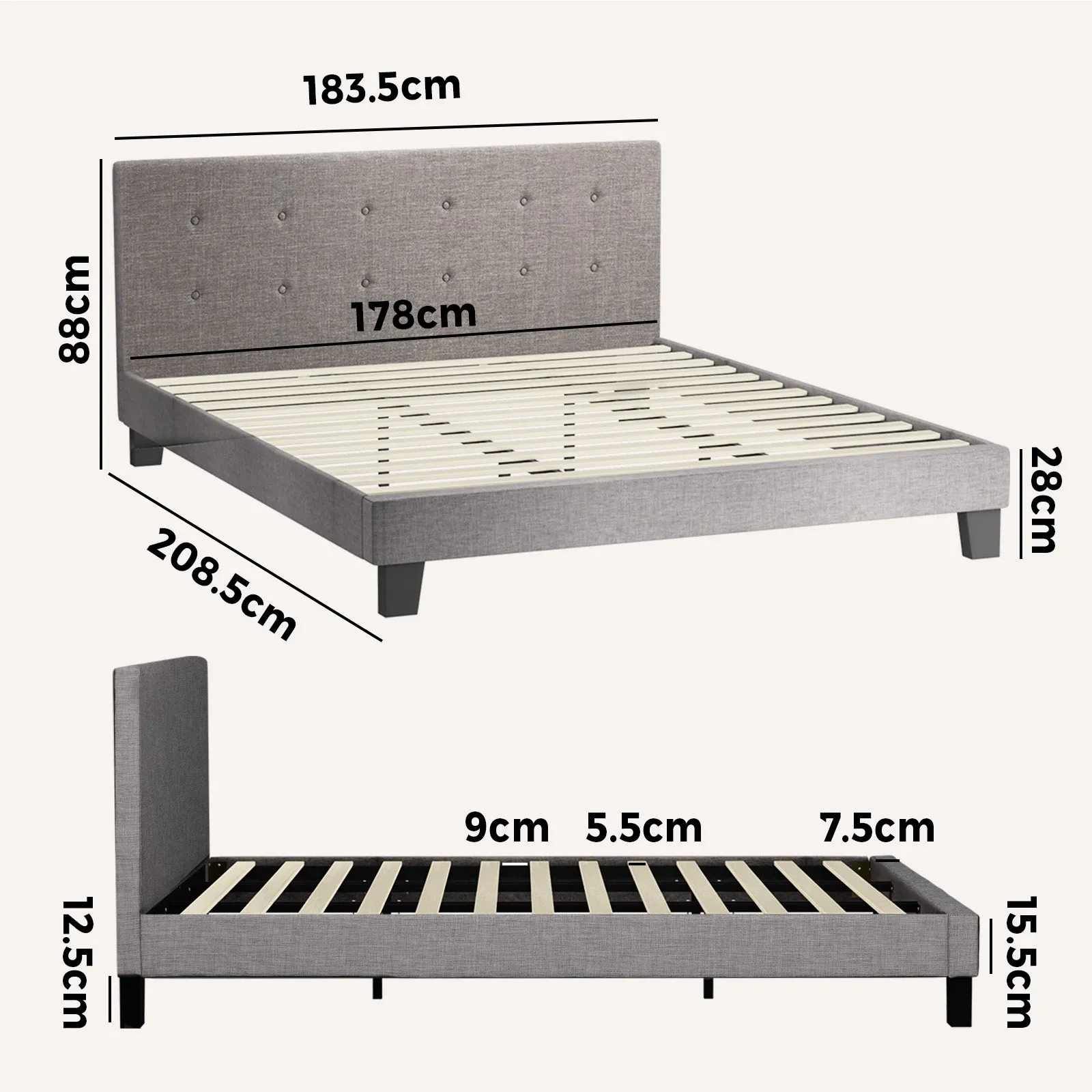 Oikiture Bed Frame King Size Bed Platform Wooden Fabric Grey