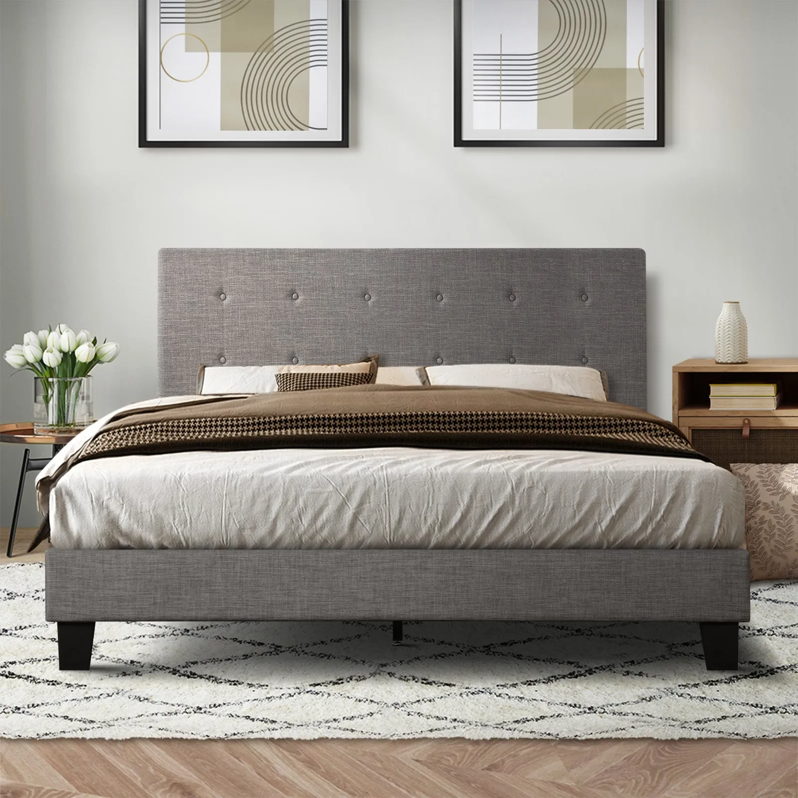 Oikiture Bed Frame King Size Bed Platform Wooden Fabric Grey