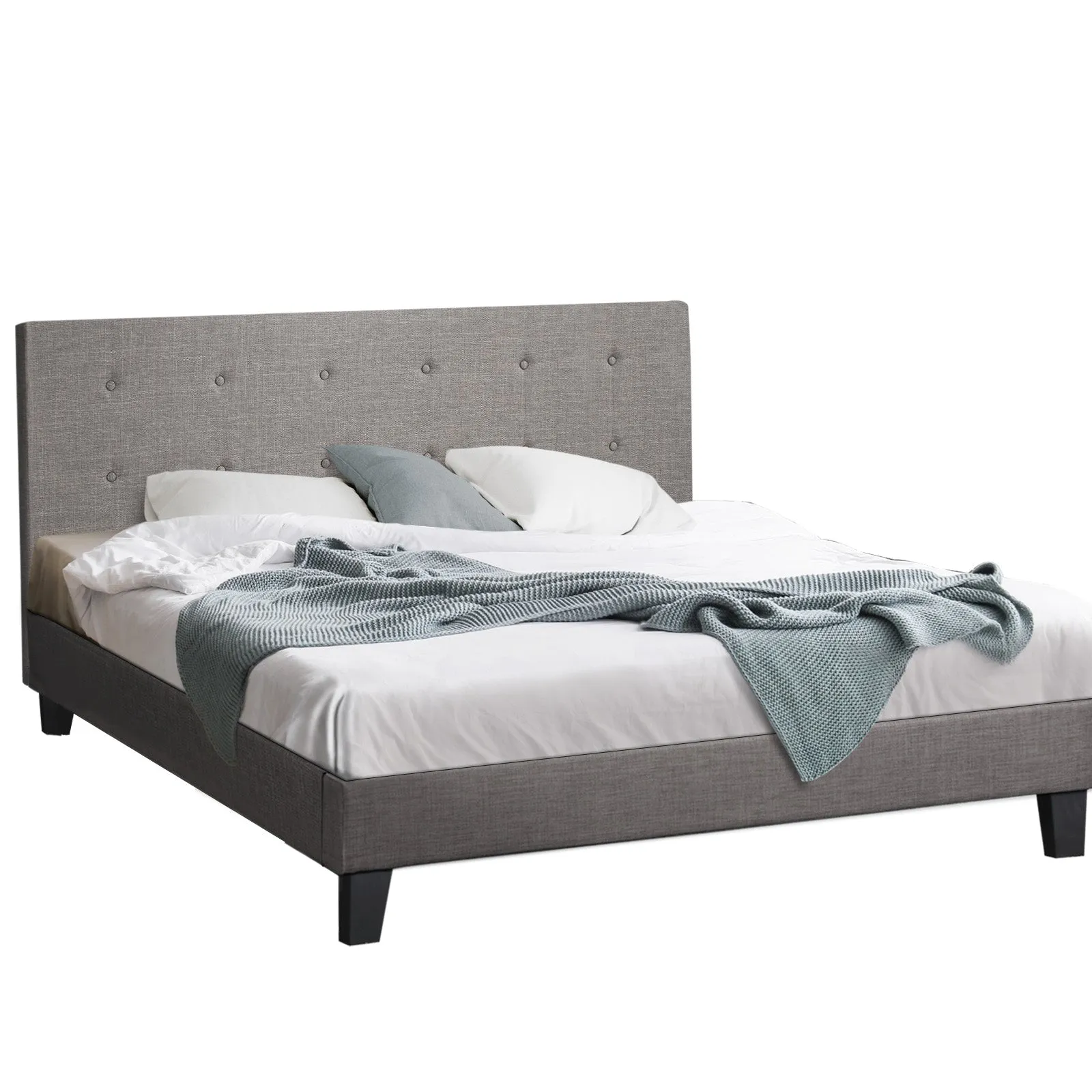 Oikiture Bed Frame King Size Bed Platform Wooden Fabric Grey