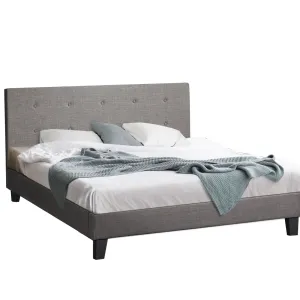 Oikiture Bed Frame Queen Size Bed Platform Wooden Fabric Grey