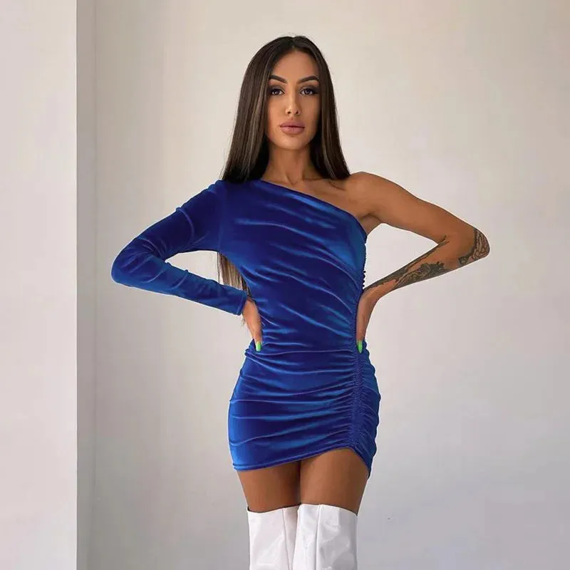 One Shoulder Velvet Tight Ruched Mini Dress for Parties