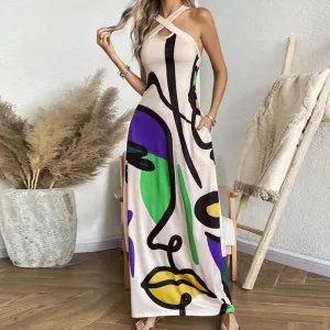 Pattern Printed Halter Swing Casual Hollow Summer Abstract Dress