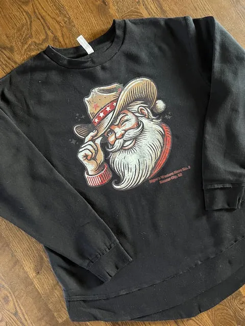 Picks Impressions Cowboy Santa Black Crewneck Scoop Hem Sweatshirt