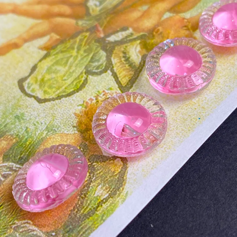 Pink and Clear Crystal Piecrust Glass Vintage Buttons, Pre-WWII, 1/2" New Old Stock, Per Button #BK-404