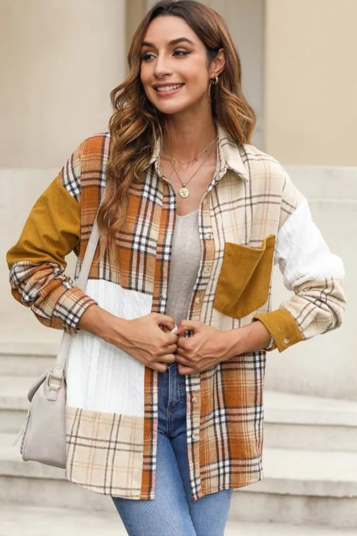 Plaid Color Block Patchwork Shirt Jacket with Pocket