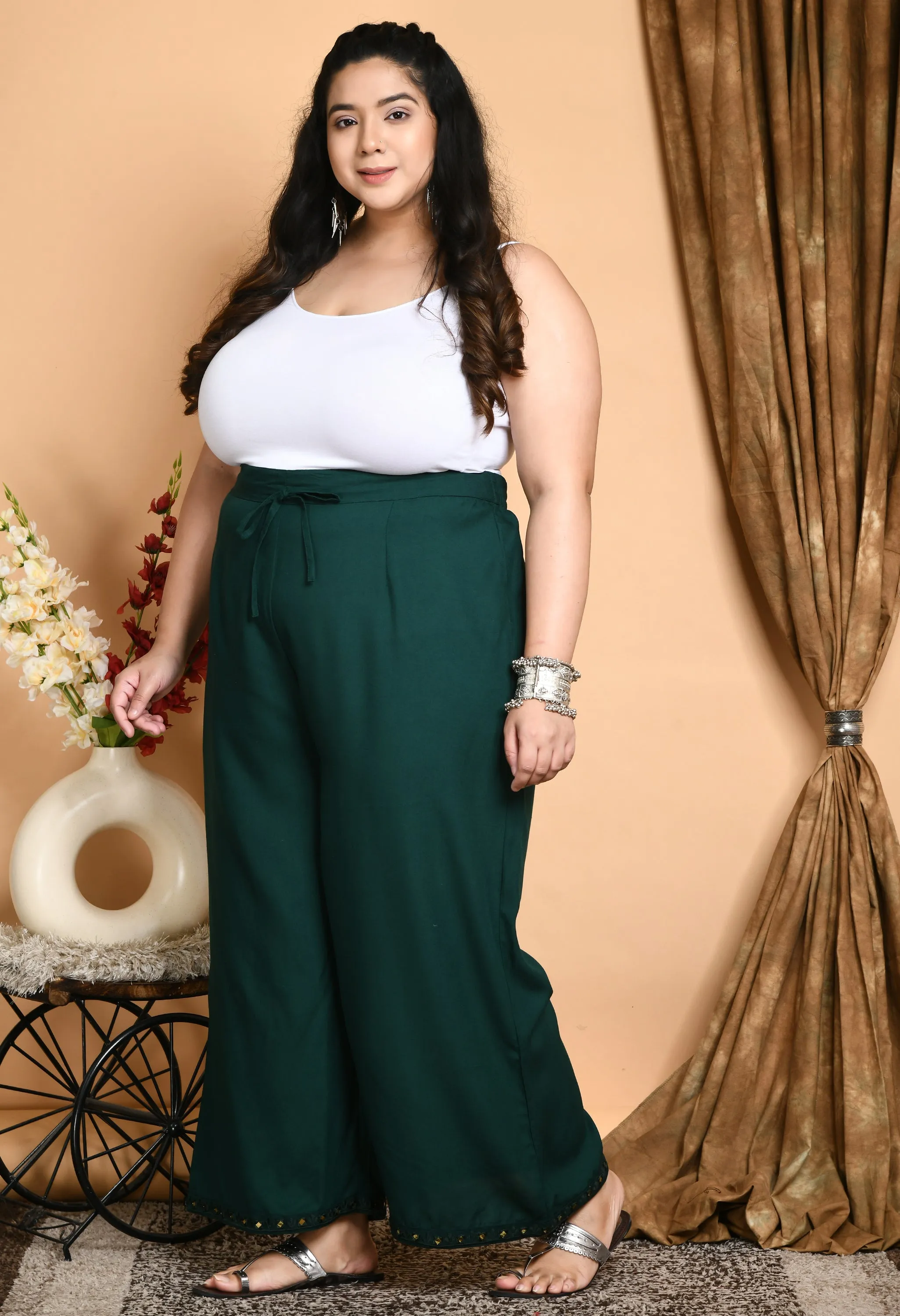 Plus Size Plus Size Bottle Green Mirror Palazzo