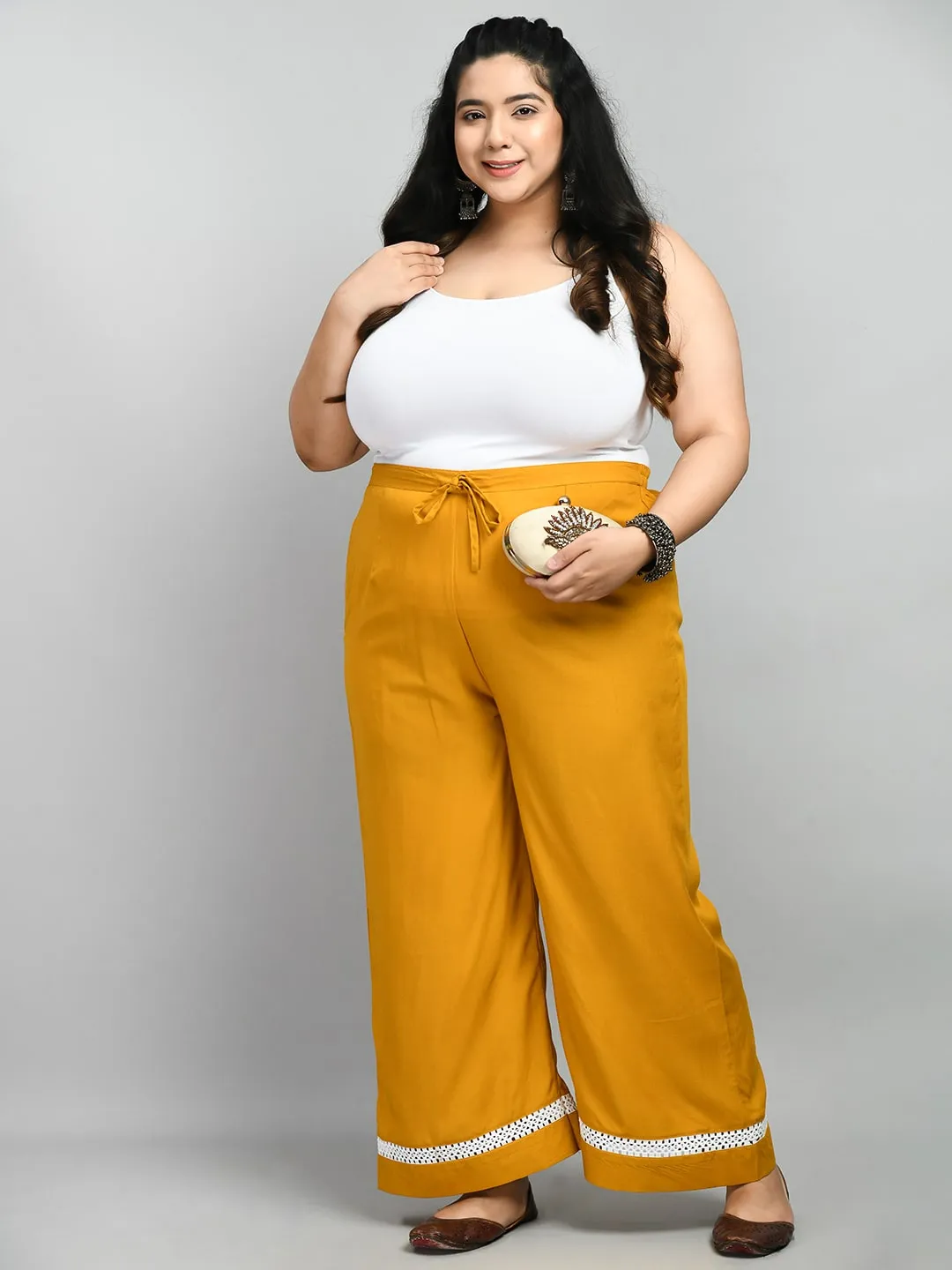 Plus Size Plus Size Mustard White Lace Palazzo