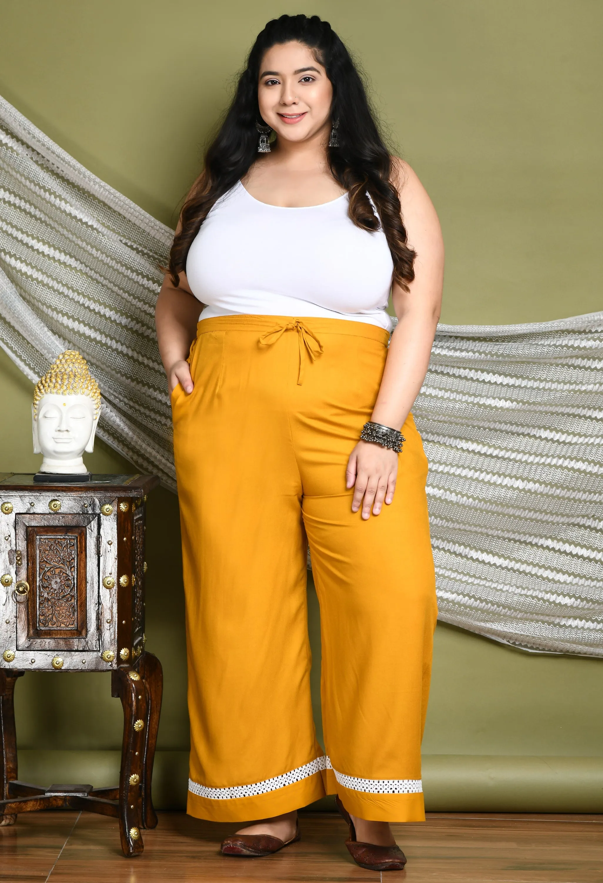 Plus Size Plus Size Mustard White Lace Palazzo