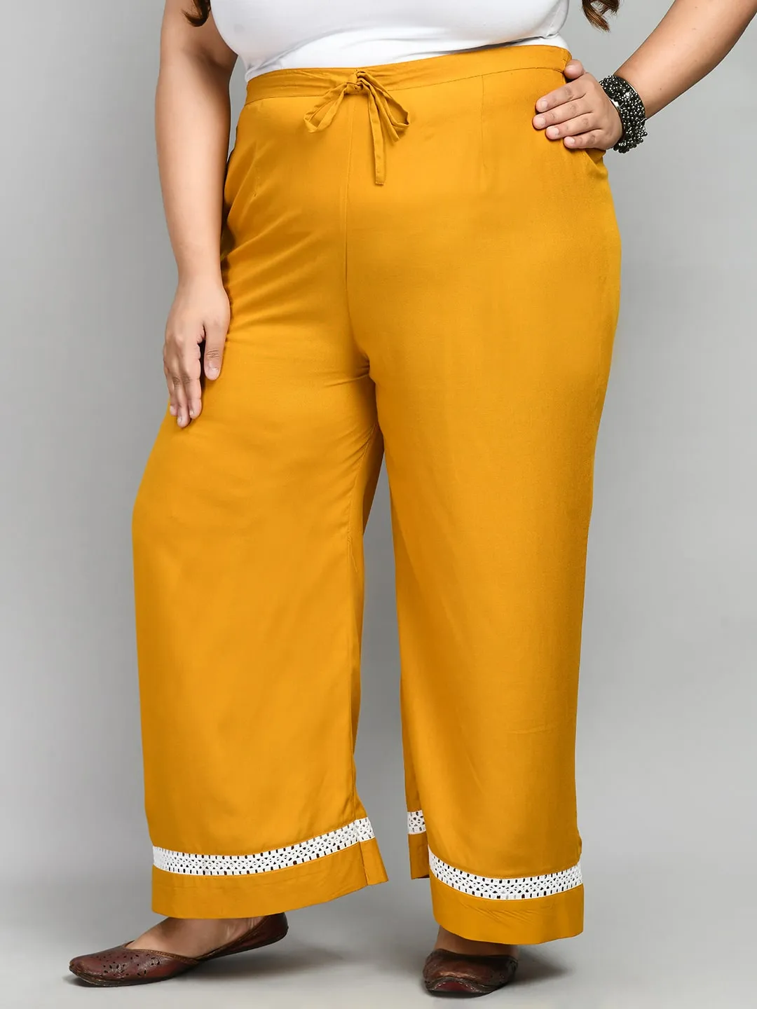 Plus Size Plus Size Mustard White Lace Palazzo