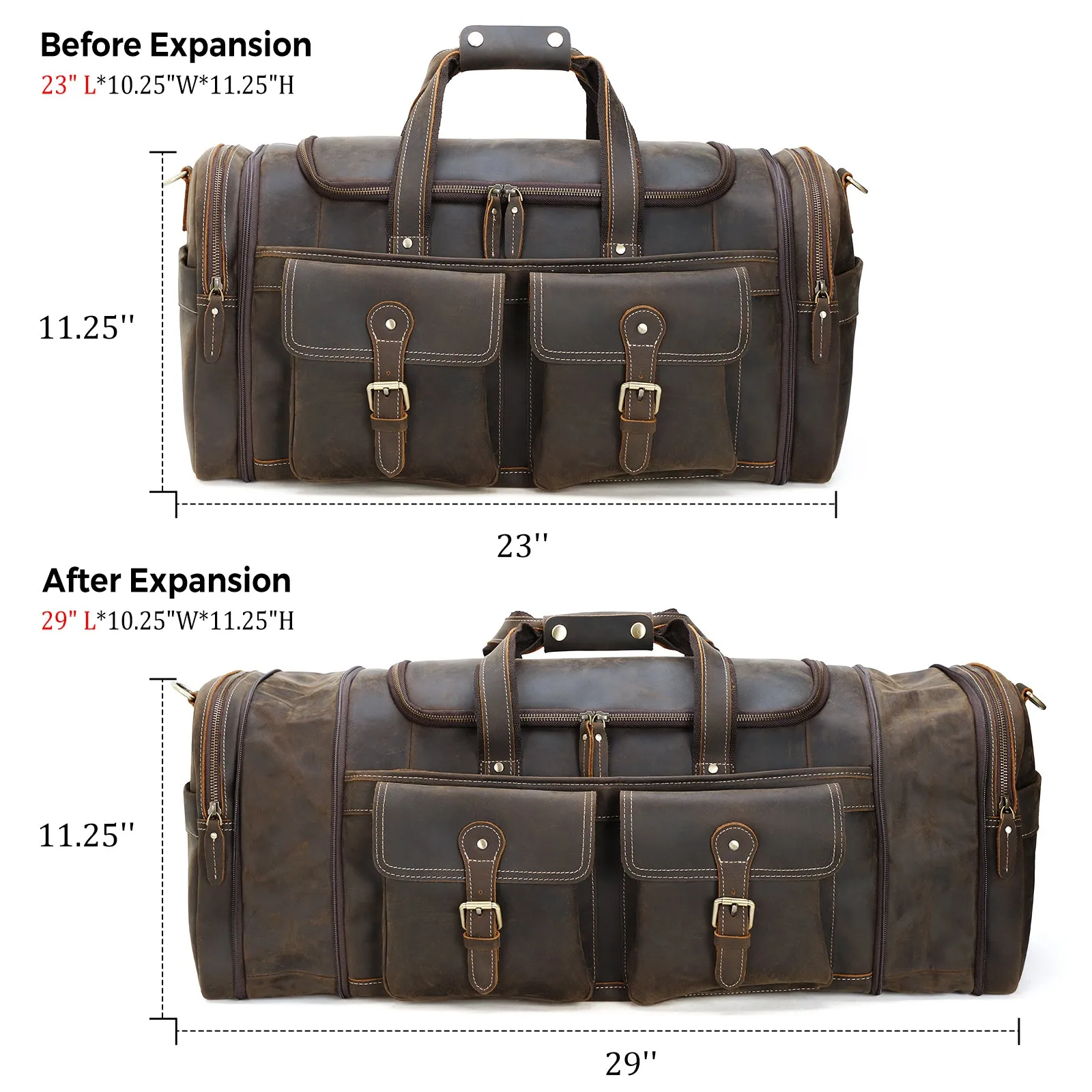 Polare 23" Expandable to 29'' Duffel Retro Thick Full Grain Cowhide Leather Gym Weekender Overnight Luggage Bag For Men