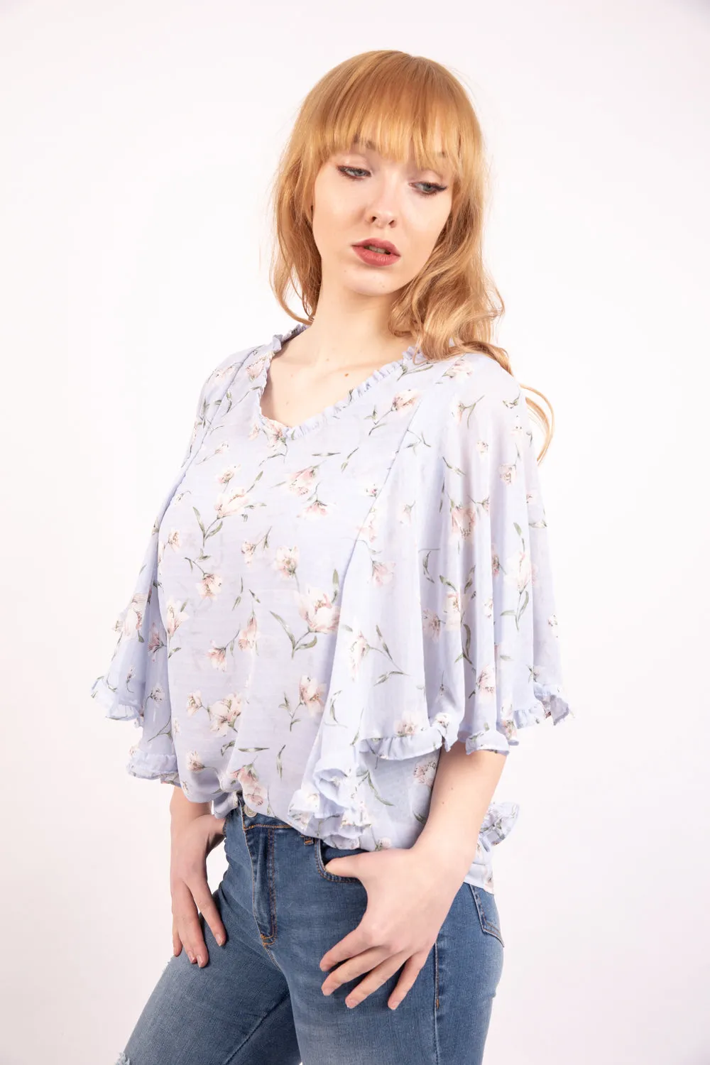 Powder Blue Floral Print Batwing Chiffon Blouse Top