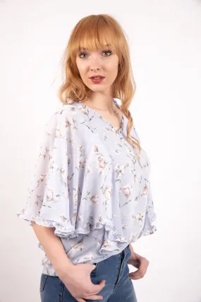 Powder Blue Floral Print Batwing Chiffon Blouse Top