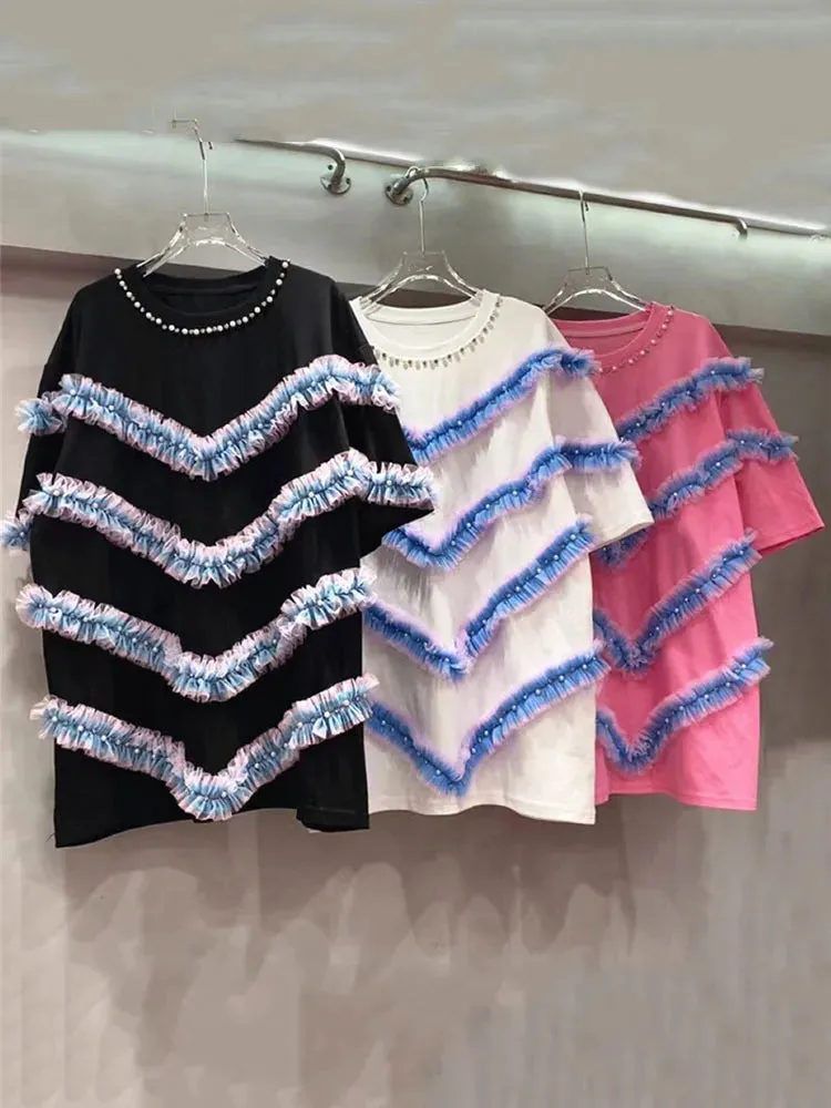 Pre Order:  Gradient Mesh Patchwork Round Neck T-Shirt