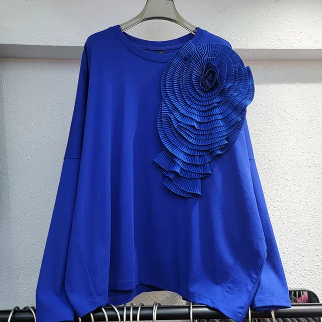 Pre Order:  Pleated 3D Flower Loose Casual Round Neck Top