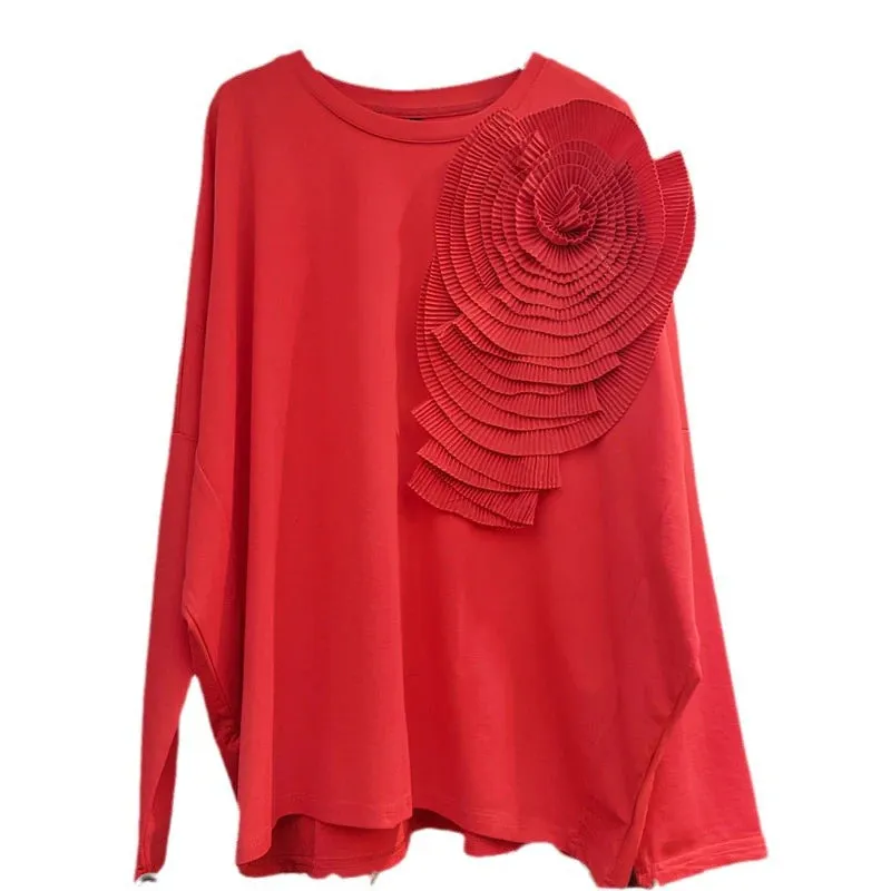 Pre Order:  Pleated 3D Flower Loose Casual Round Neck Top