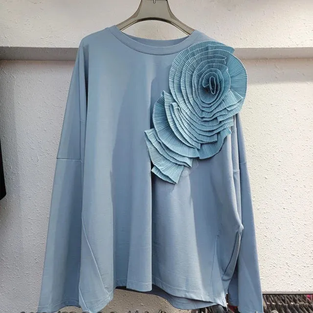 Pre Order:  Pleated 3D Flower Loose Casual Round Neck Top